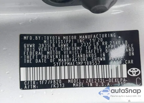 2021 Toyota Corolla Le из США, поврежденный, VIN 5YFEPMAE1MP188557